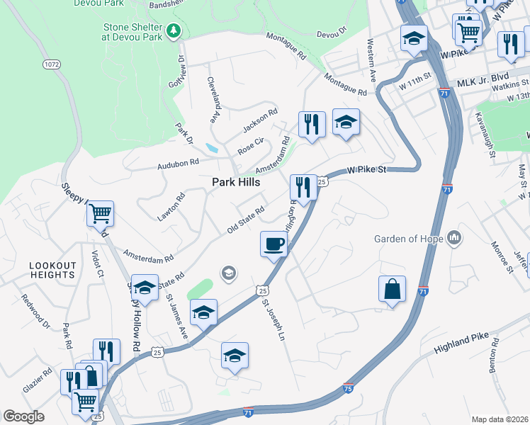 map of restaurants, bars, coffee shops, grocery stores, and more near 1145 Coram Street in Park Hills
