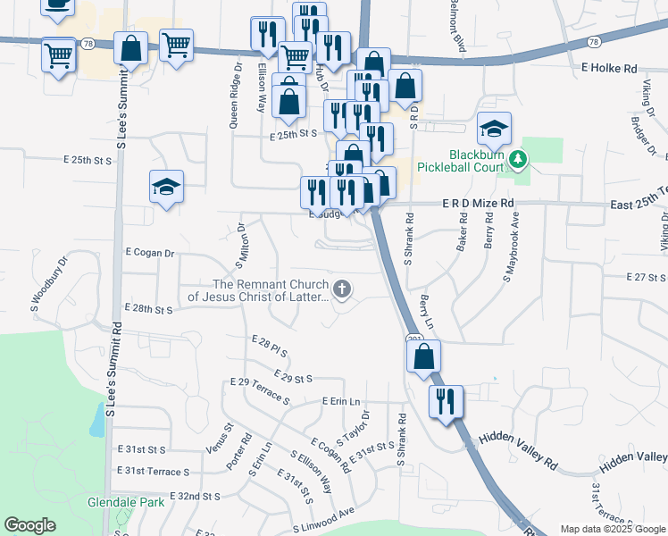 map of restaurants, bars, coffee shops, grocery stores, and more near 2200 M 291 Frontage Road in Independence