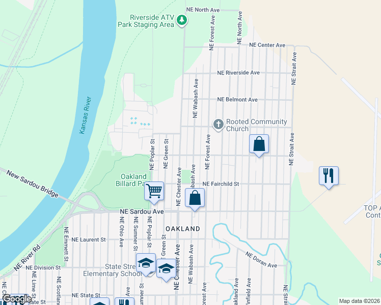 map of restaurants, bars, coffee shops, grocery stores, and more near 1001 Northeast Wabash Avenue in Topeka