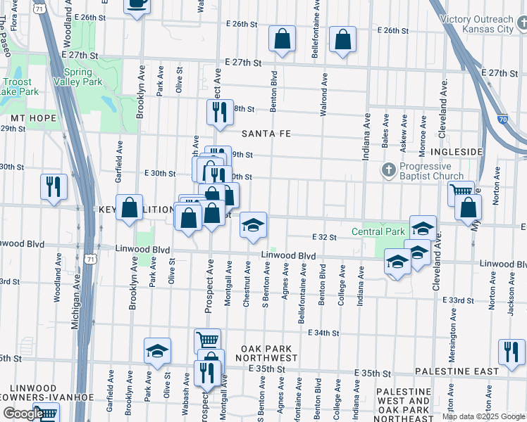 map of restaurants, bars, coffee shops, grocery stores, and more near 3029 Benton Boulevard in Kansas City