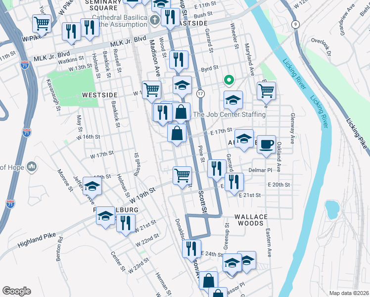 map of restaurants, bars, coffee shops, grocery stores, and more near 1705 Scott Boulevard in Covington