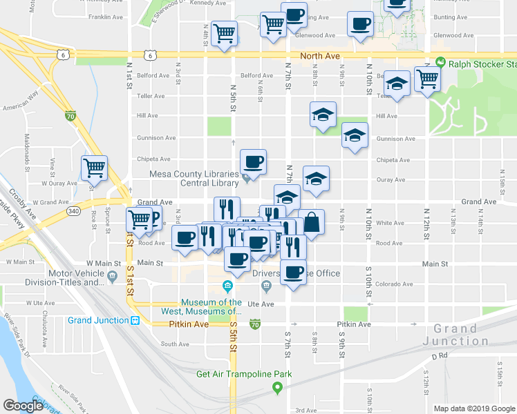 map of restaurants, bars, coffee shops, grocery stores, and more near 575 Grand Avenue in Grand Junction