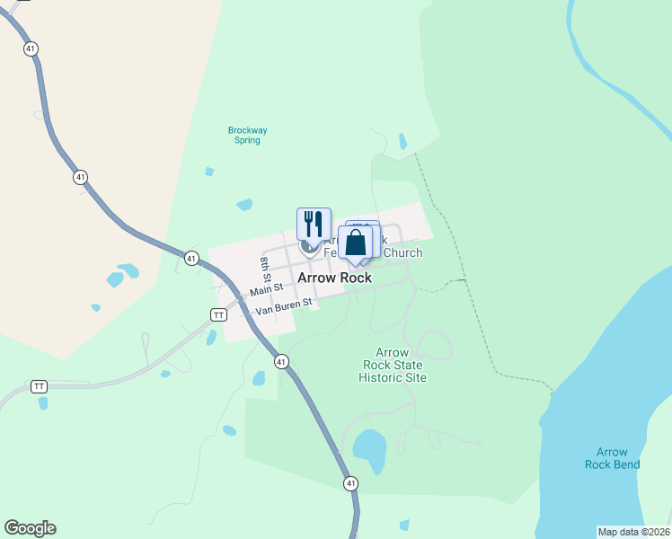map of restaurants, bars, coffee shops, grocery stores, and more near 4th Street in Arrow Rock