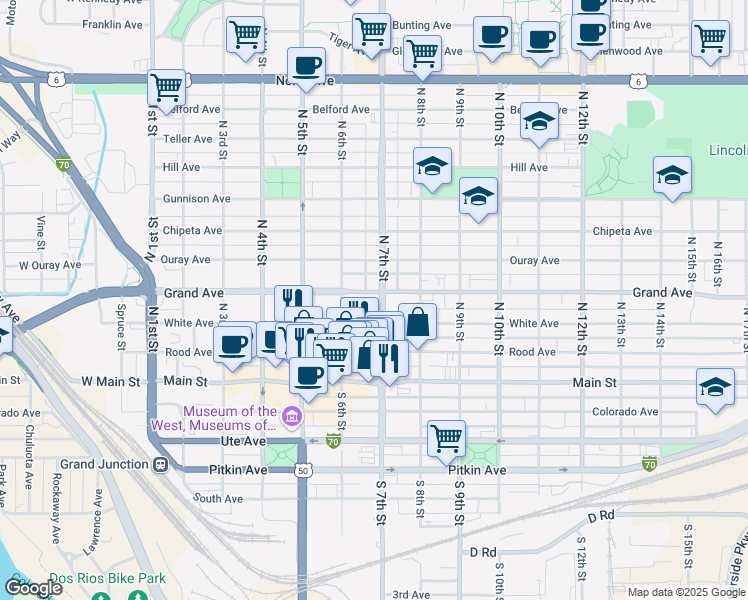 map of restaurants, bars, coffee shops, grocery stores, and more near 333 North 7th Street in Grand Junction