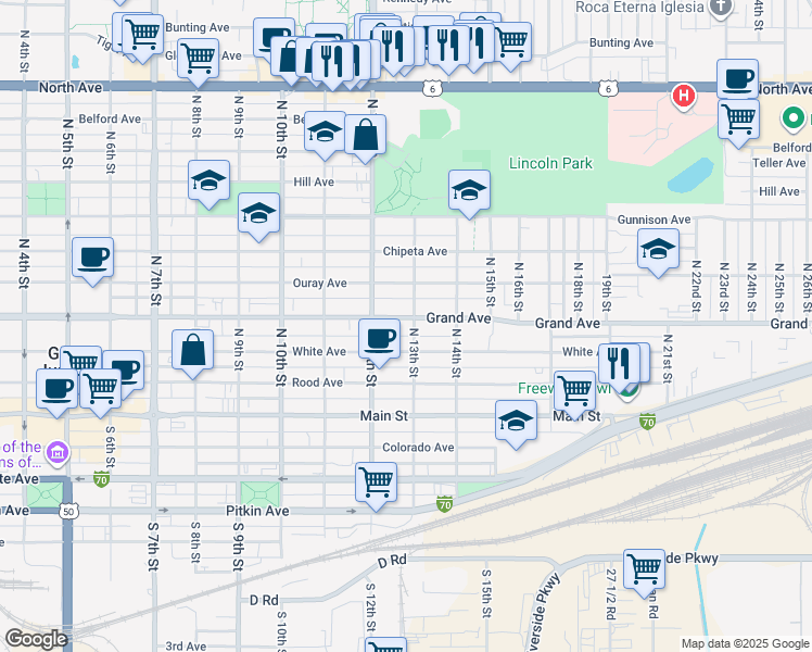map of restaurants, bars, coffee shops, grocery stores, and more near 1255 Grand Avenue in Grand Junction