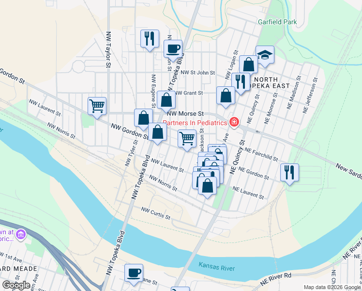 map of restaurants, bars, coffee shops, grocery stores, and more near 1016-1098 Northwest Van Buren Street in Topeka
