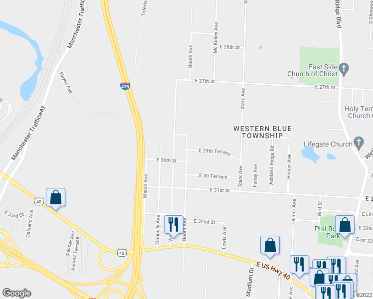 map of restaurants, bars, coffee shops, grocery stores, and more near Booth Ave & E 29th St in Kansas City