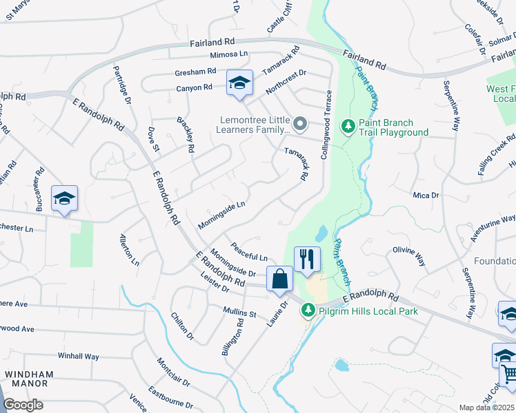 map of restaurants, bars, coffee shops, grocery stores, and more near 13018 Tamarack Road in Silver Spring