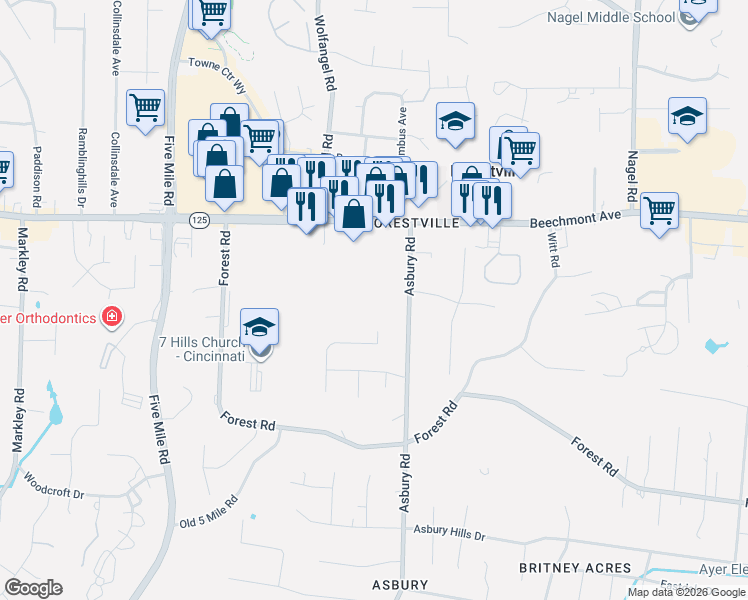 map of restaurants, bars, coffee shops, grocery stores, and more near 1149 Asbury Road in Cincinnati