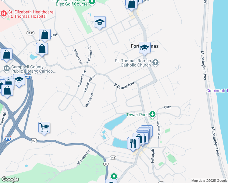 map of restaurants, bars, coffee shops, grocery stores, and more near 619 South Grand Avenue in Fort Thomas