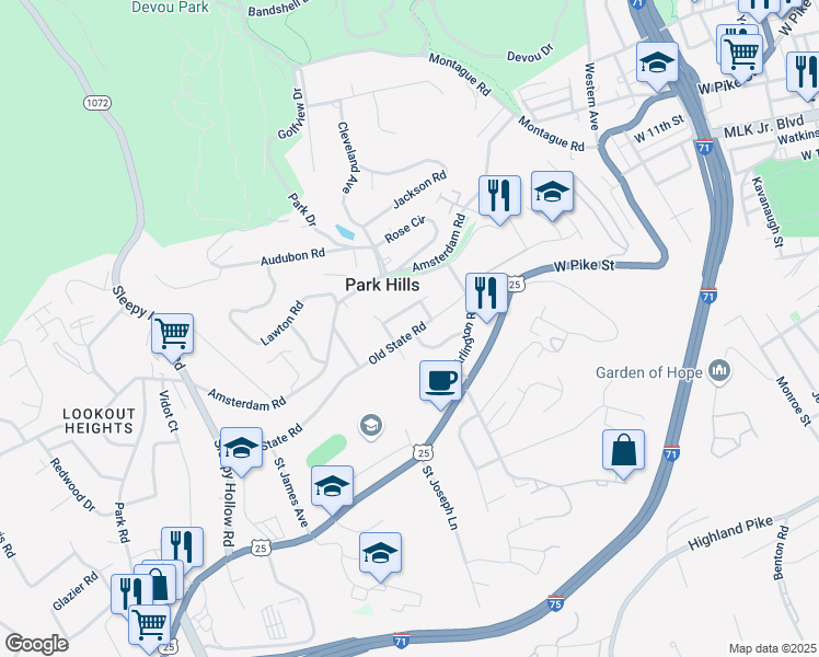 map of restaurants, bars, coffee shops, grocery stores, and more near 1145 Coram Street in Park Hills