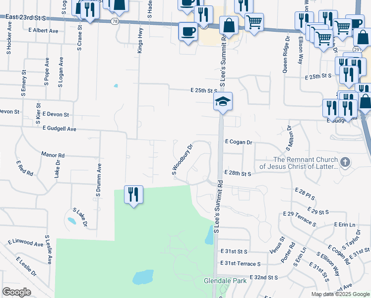 map of restaurants, bars, coffee shops, grocery stores, and more near 2704 South Woodbury Drive in Independence