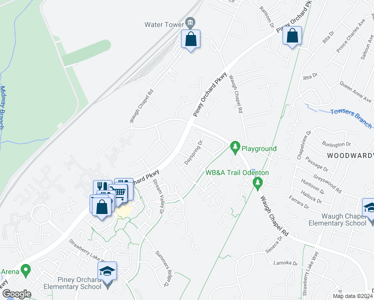 map of restaurants, bars, coffee shops, grocery stores, and more near 2402 Pineville Crest Court in Odenton