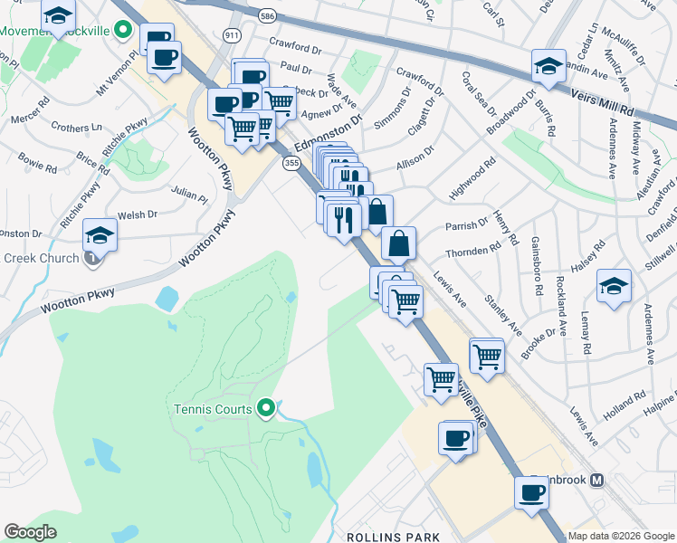 map of restaurants, bars, coffee shops, grocery stores, and more near 160 Talbott Street in Rockville