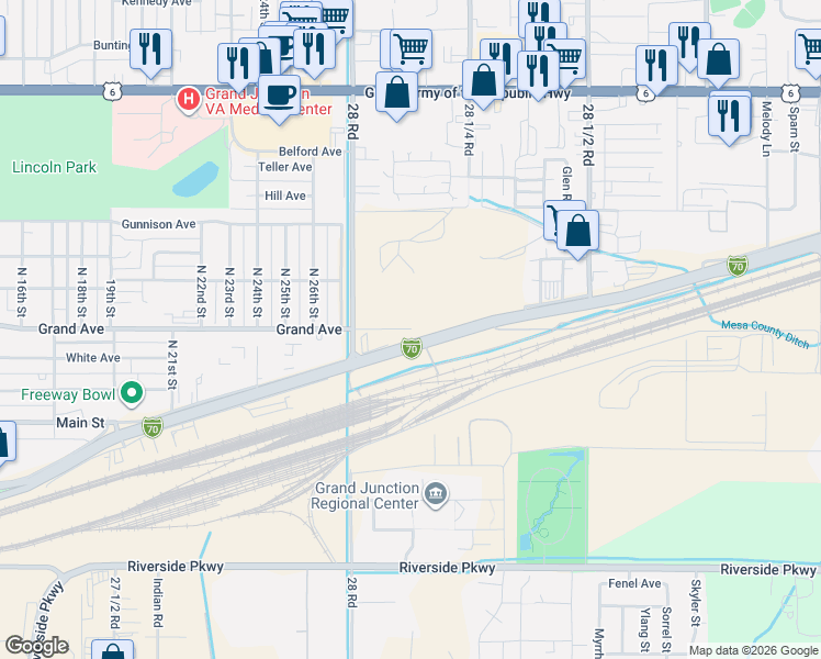 map of restaurants, bars, coffee shops, grocery stores, and more near 2898 Grand Avenue in Grand Junction