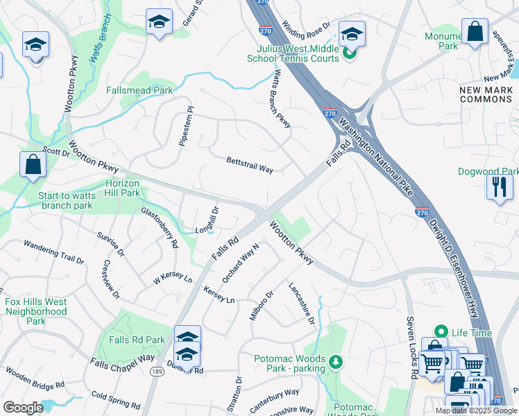 map of restaurants, bars, coffee shops, grocery stores, and more near Wootton Parkway in Rockville