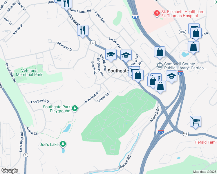 map of restaurants, bars, coffee shops, grocery stores, and more near 116 Maple Avenue in Southgate