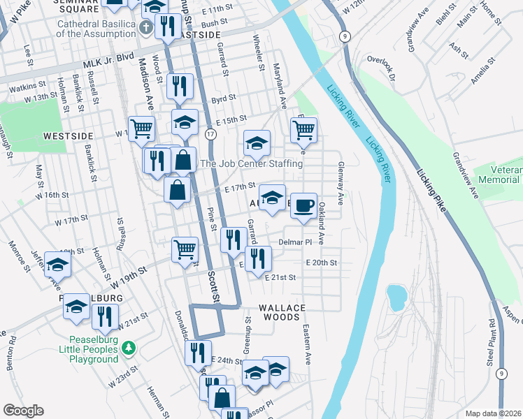 map of restaurants, bars, coffee shops, grocery stores, and more near East 18th Street in Covington