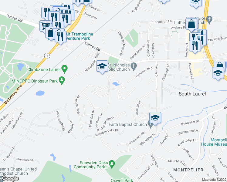 map of restaurants, bars, coffee shops, grocery stores, and more near 13139 Larchdale Road in Laurel