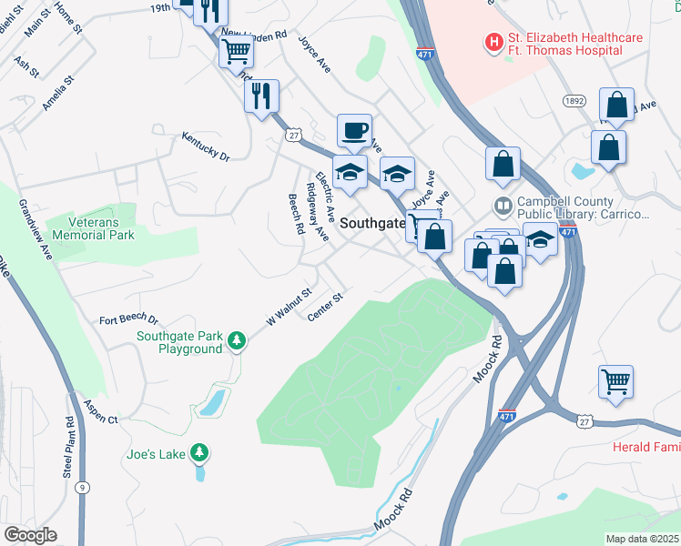 map of restaurants, bars, coffee shops, grocery stores, and more near 116 Maple Avenue in Southgate