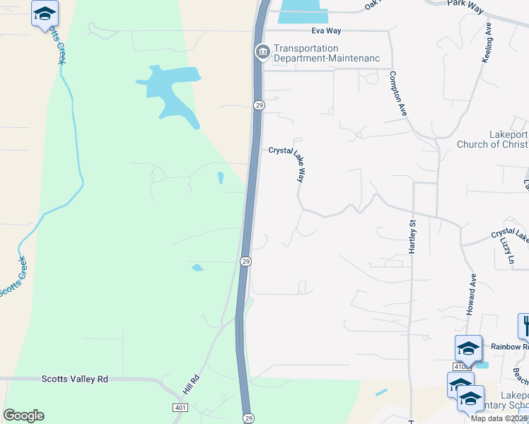 map of restaurants, bars, coffee shops, grocery stores, and more near 2862 Hill Road East in Lakeport