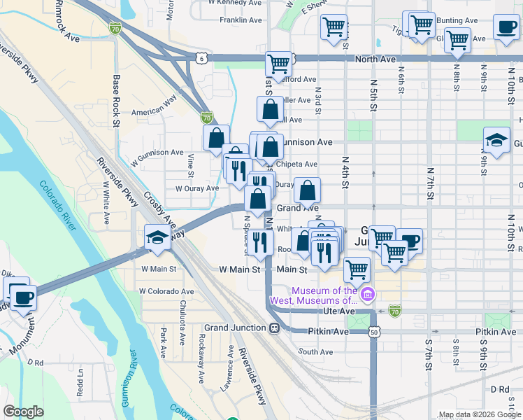 map of restaurants, bars, coffee shops, grocery stores, and more near 198 West Grand Avenue in Grand Junction