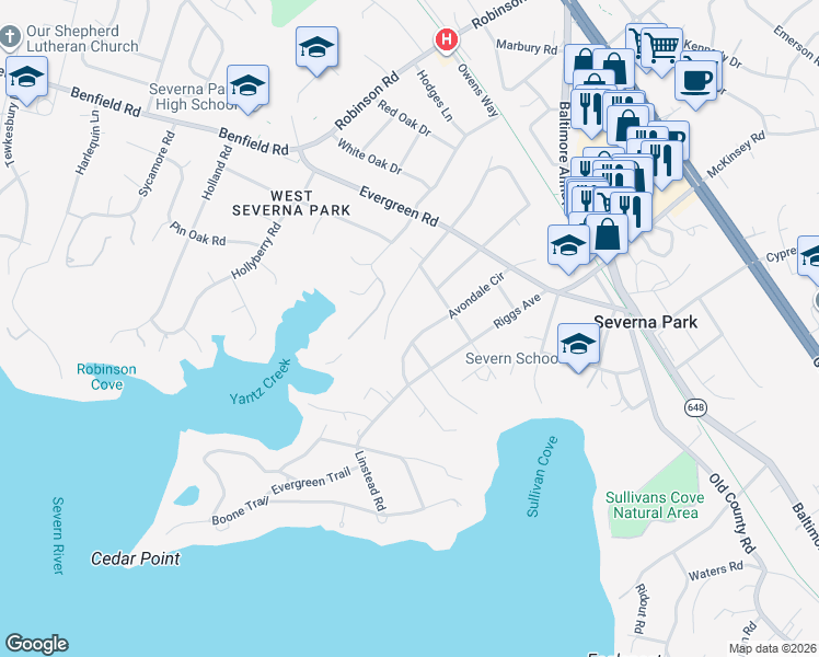 map of restaurants, bars, coffee shops, grocery stores, and more near 208 Avondale Circle in Severna Park