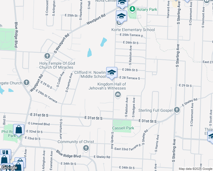map of restaurants, bars, coffee shops, grocery stores, and more near 2800 South Hardy Avenue in Independence