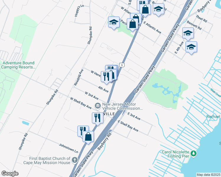 map of restaurants, bars, coffee shops, grocery stores, and more near 755 Route 9 South in Middle Township
