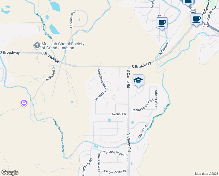 map of restaurants, bars, coffee shops, grocery stores, and more near 450 Meadows Way in Grand Junction