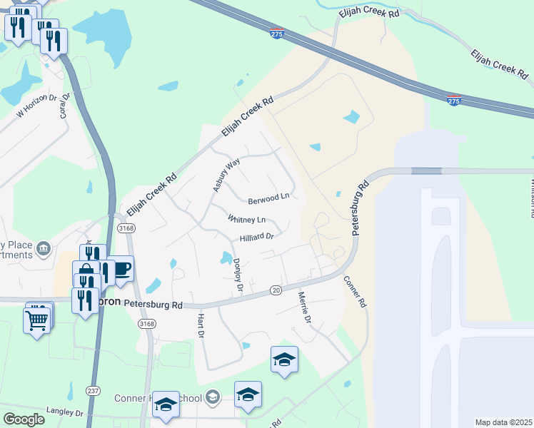 map of restaurants, bars, coffee shops, grocery stores, and more near 2652 Berwood Lane in Hebron