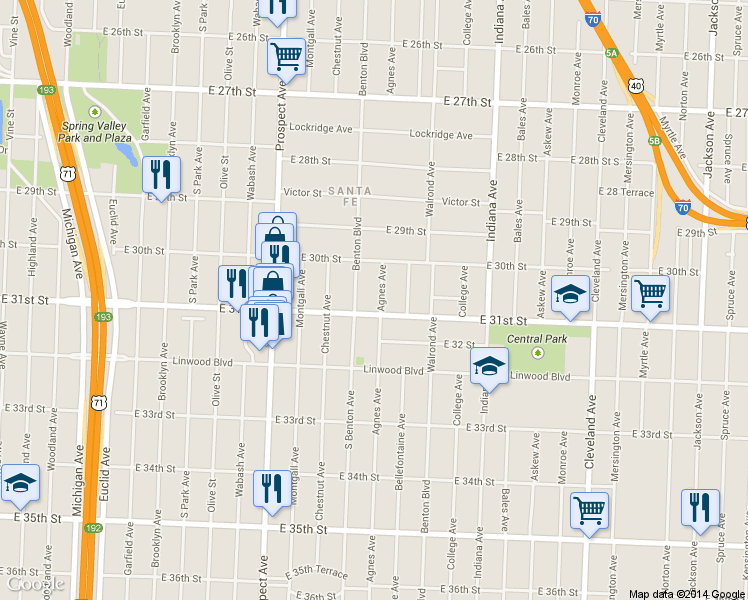 map of restaurants, bars, coffee shops, grocery stores, and more near 3021 Agnes Avenue in Kansas City