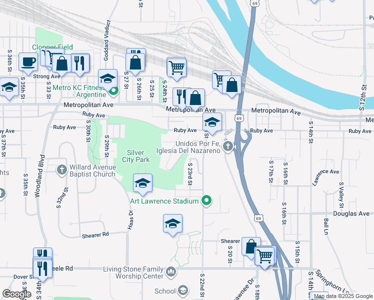 map of restaurants, bars, coffee shops, grocery stores, and more near 2206 Birch Drive in Kansas City