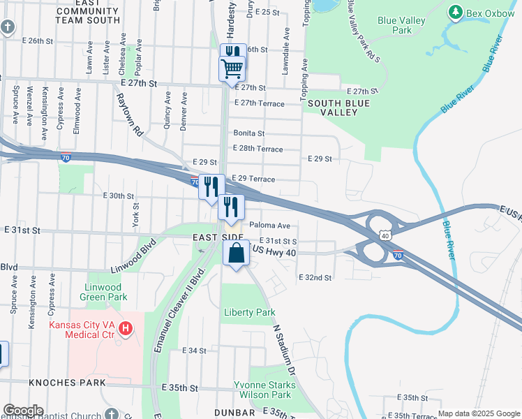 map of restaurants, bars, coffee shops, grocery stores, and more near 5599 East 30 Terrace in Kansas City