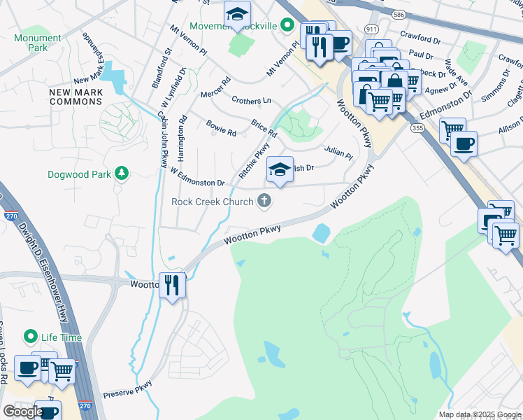 map of restaurants, bars, coffee shops, grocery stores, and more near 332 West Edmonston Drive in Rockville