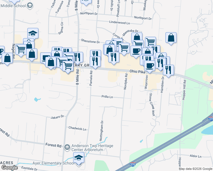 map of restaurants, bars, coffee shops, grocery stores, and more near 8544 Sunmont Drive in Cincinnati