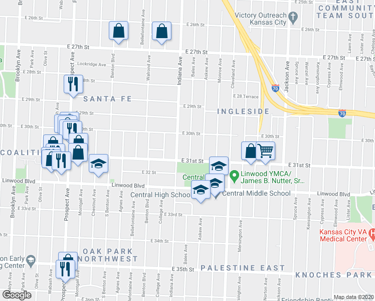 map of restaurants, bars, coffee shops, grocery stores, and more near 3030 Bales Avenue in Kansas City