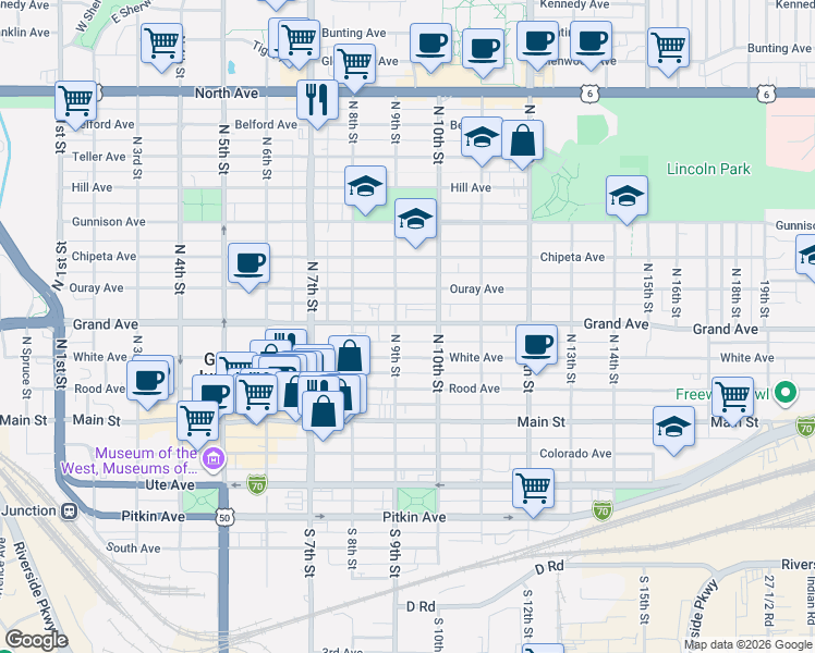 map of restaurants, bars, coffee shops, grocery stores, and more near 950 Grand Avenue in Grand Junction