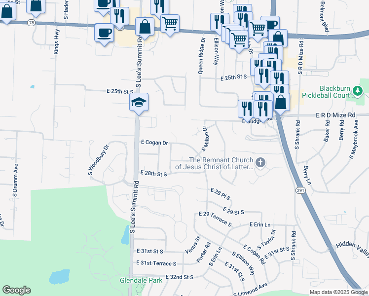 map of restaurants, bars, coffee shops, grocery stores, and more near 16301 South Cogan Drive in Independence