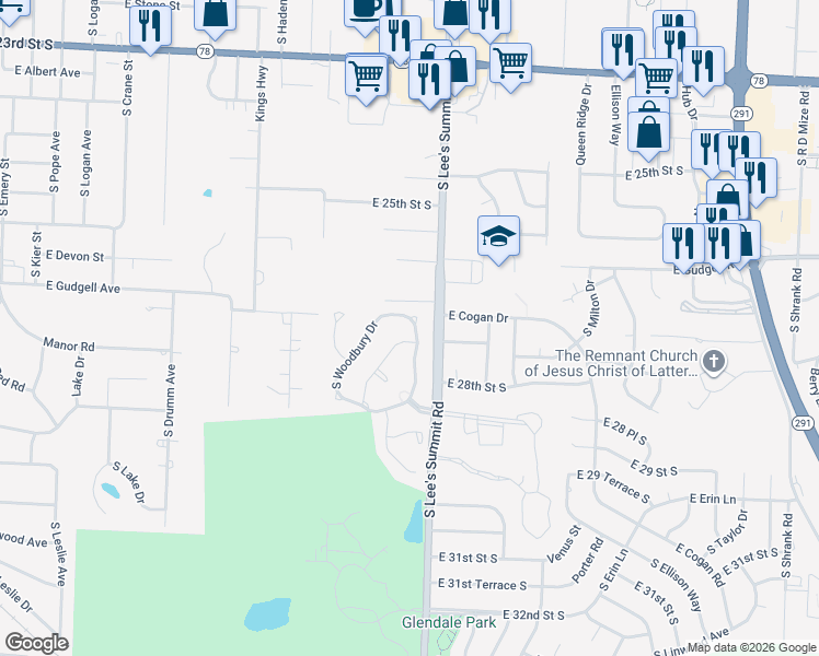map of restaurants, bars, coffee shops, grocery stores, and more near 2708 South Breckenridge Drive in Independence