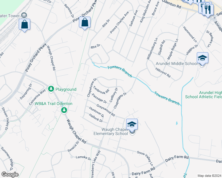 map of restaurants, bars, coffee shops, grocery stores, and more near 1300 Tenbrook Road in Odenton