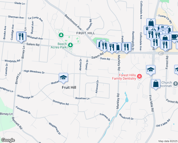 map of restaurants, bars, coffee shops, grocery stores, and more near 1121 Joetta Drive in Cincinnati