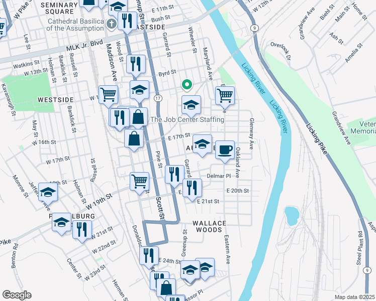 map of restaurants, bars, coffee shops, grocery stores, and more near 324 East 18th Street in Covington