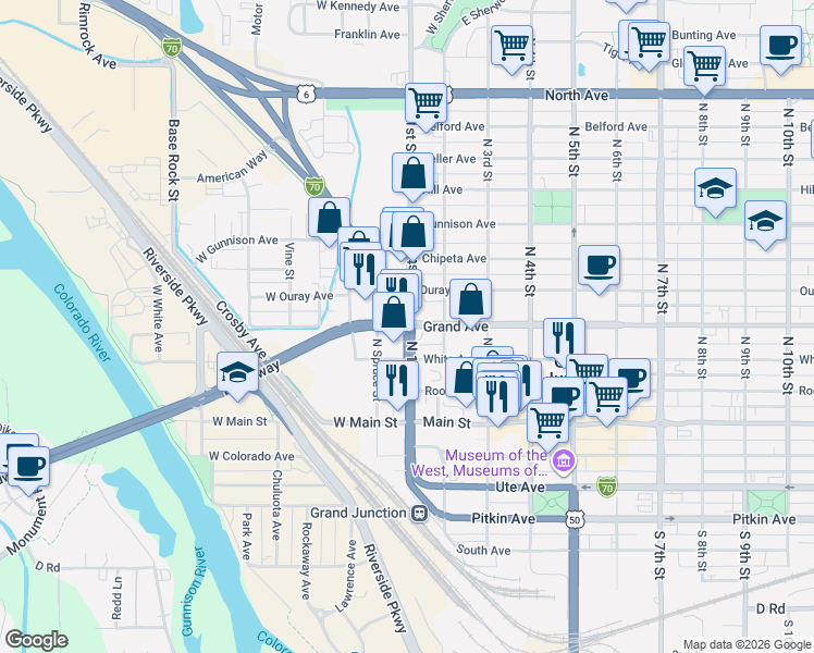 map of restaurants, bars, coffee shops, grocery stores, and more near 105 West Grand Avenue in Grand Junction