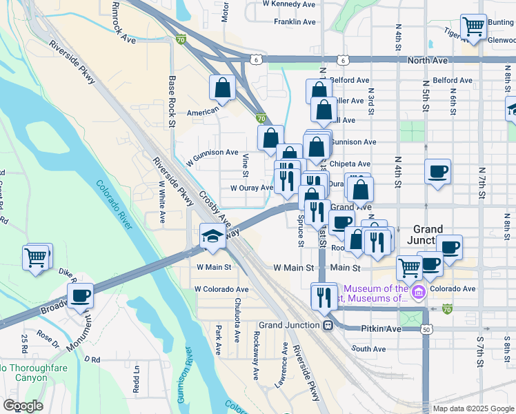 map of restaurants, bars, coffee shops, grocery stores, and more near 333 West Grand Avenue in Grand Junction