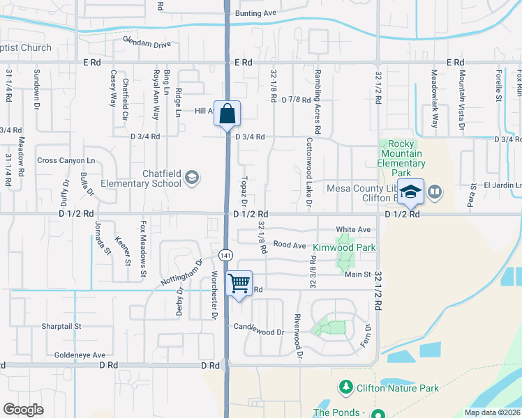 map of restaurants, bars, coffee shops, grocery stores, and more near 451 32 1/8 Road in Clifton