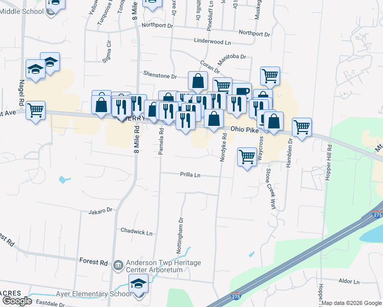 map of restaurants, bars, coffee shops, grocery stores, and more near 8544 Sunmont Drive in Cincinnati
