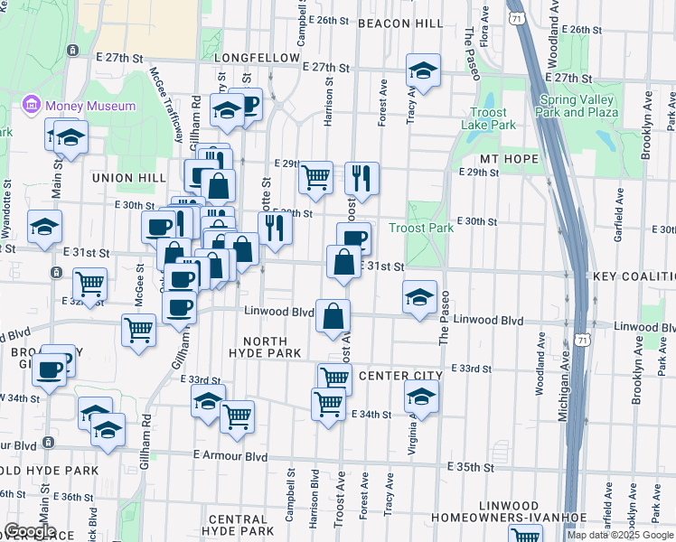 map of restaurants, bars, coffee shops, grocery stores, and more near 3100 Troost Avenue in Kansas City