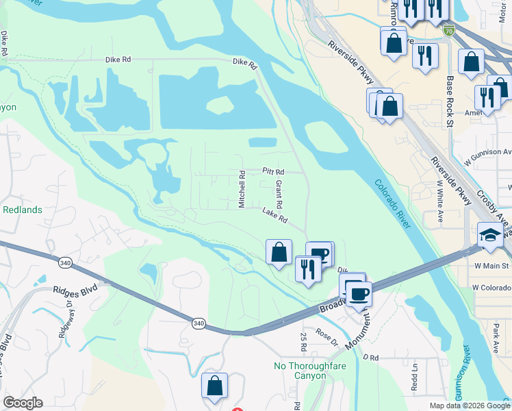 map of restaurants, bars, coffee shops, grocery stores, and more near 256 Lake Road in Grand Junction