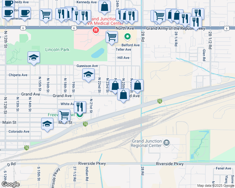 map of restaurants, bars, coffee shops, grocery stores, and more near 414 North 24th Street in Grand Junction